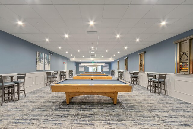 recreation room featuring a decorative wall, carpet, recessed lighting, pool table, and wainscoting