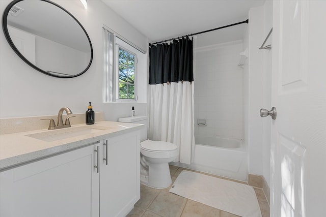 full bathroom featuring tile patterned flooring, vanity, toilet, and shower / bath combination with curtain