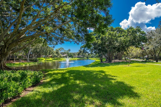 view of property's community featuring a yard and a water view