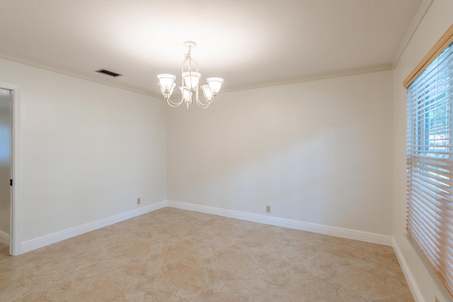 empty room with ornamental molding, an inviting chandelier, and light colored carpet