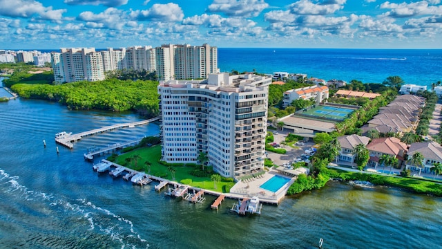 drone / aerial view with a water view