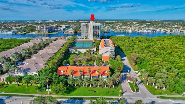 drone / aerial view with a water view