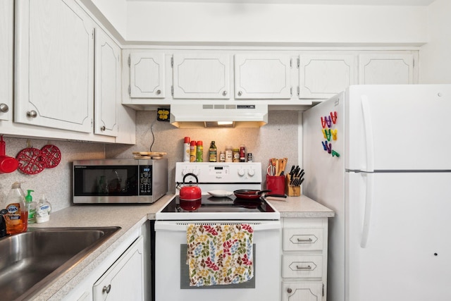 kitchen featuring ventilation hood, white appliances, sink, and white cabinets