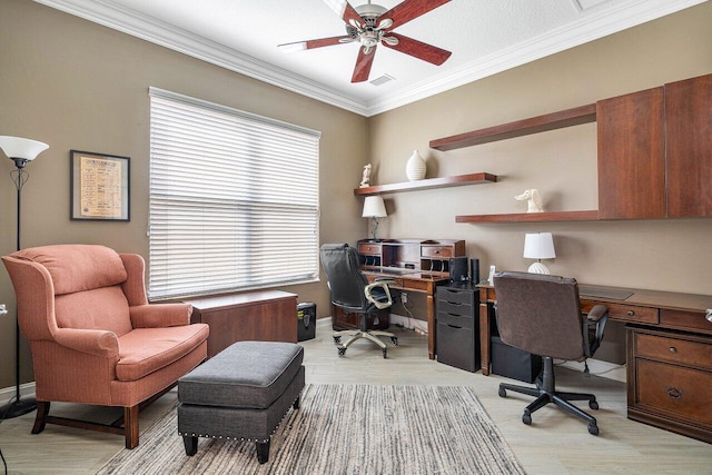 office featuring ceiling fan and crown molding