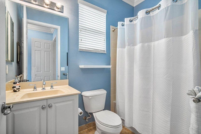 full bathroom featuring shower / bath combination with curtain, vanity, ornamental molding, tile patterned floors, and toilet