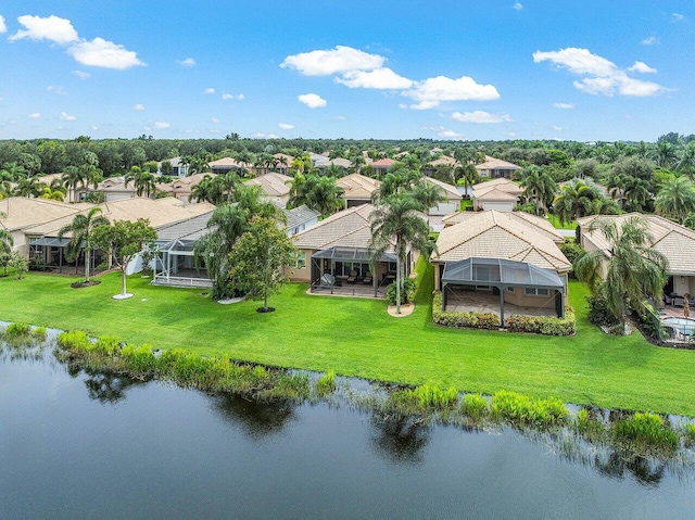 drone / aerial view featuring a water view