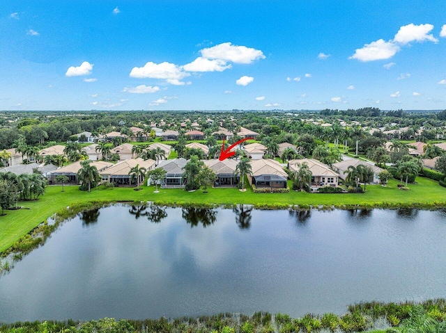 drone / aerial view with a water view