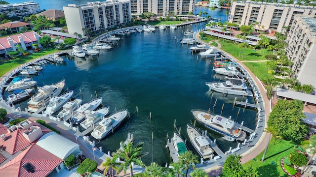 birds eye view of property featuring a water view