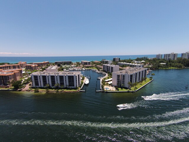 aerial view featuring a water view