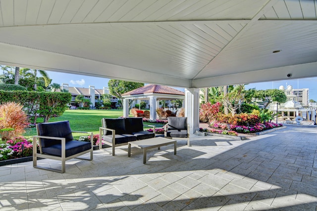 view of patio with a gazebo and an outdoor hangout area