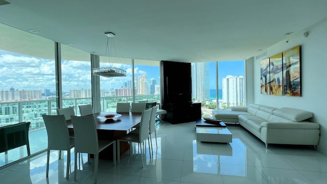 tiled living room featuring expansive windows