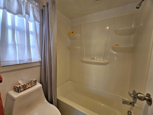 full bath featuring shower / bathtub combination with curtain and toilet