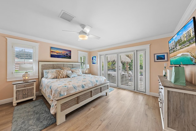 bedroom with ceiling fan, access to exterior, light hardwood / wood-style flooring, and crown molding