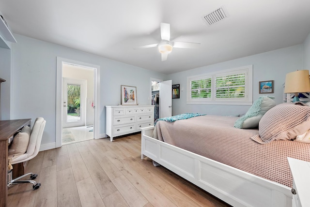 bedroom featuring ceiling fan and light hardwood / wood-style flooring