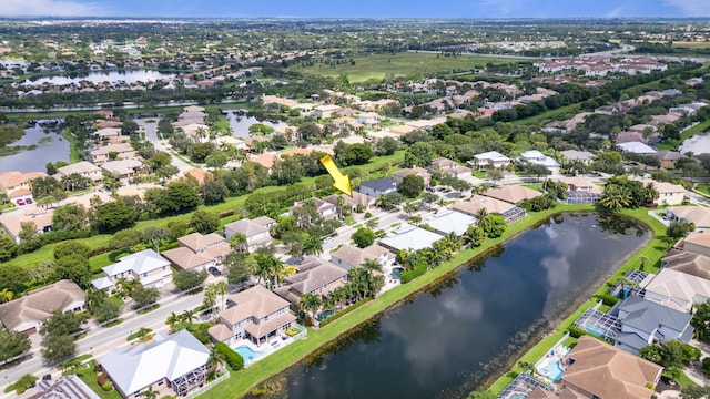 drone / aerial view featuring a water view