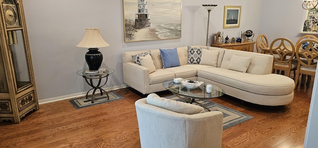 living area with baseboards and wood finished floors