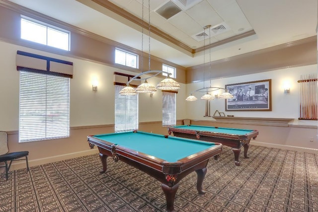 recreation room with a raised ceiling, ornamental molding, pool table, and carpet floors