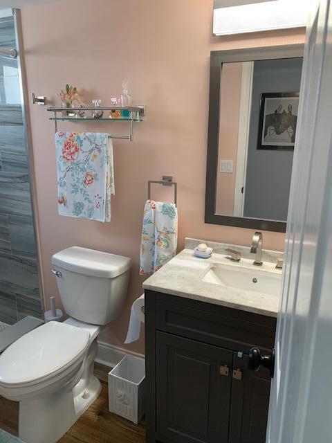 bathroom with a shower with curtain, wood-type flooring, vanity, and toilet