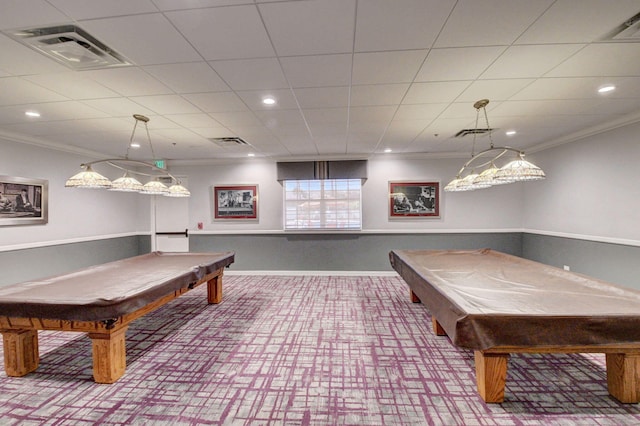 playroom with billiards and crown molding