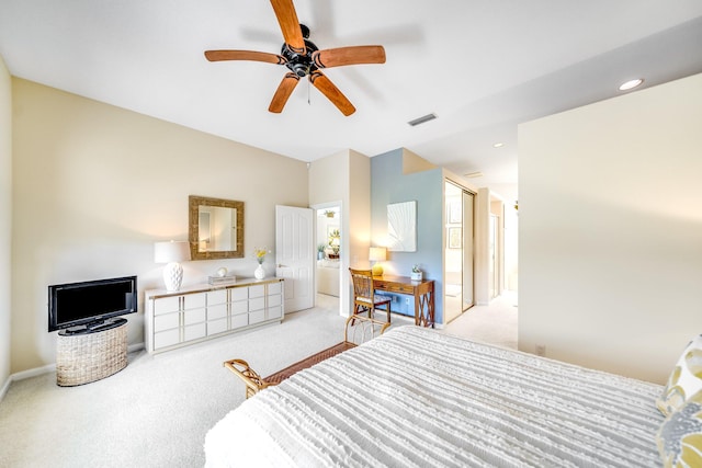 carpeted bedroom featuring ceiling fan