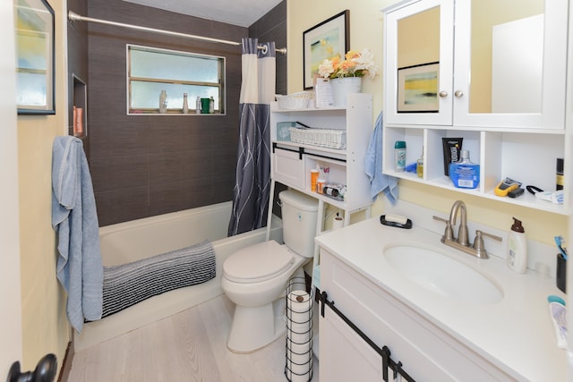 full bathroom featuring shower / bath combination with curtain, wood-type flooring, vanity, and toilet