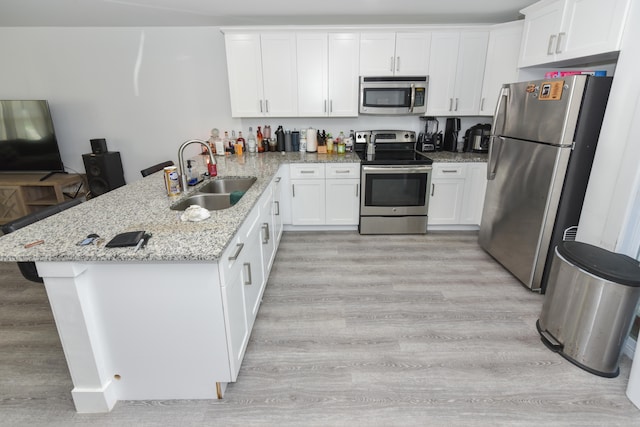 kitchen featuring white cabinets, stainless steel appliances, sink, and kitchen peninsula