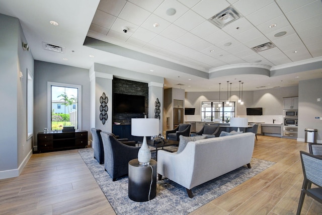 living room with a raised ceiling and light hardwood / wood-style floors