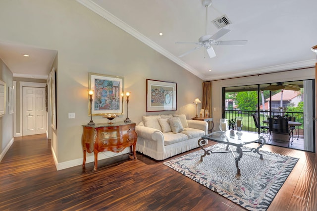 living room with high vaulted ceiling, ceiling fan, dark hardwood / wood-style floors, and crown molding