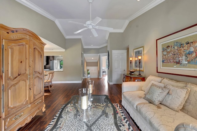 living room with ornamental molding, vaulted ceiling, ceiling fan, and dark wood-type flooring