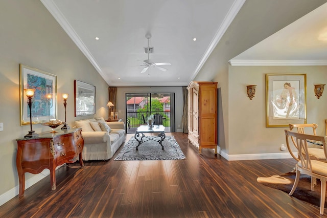 living room featuring ceiling fan, dark wood-type flooring, and crown molding