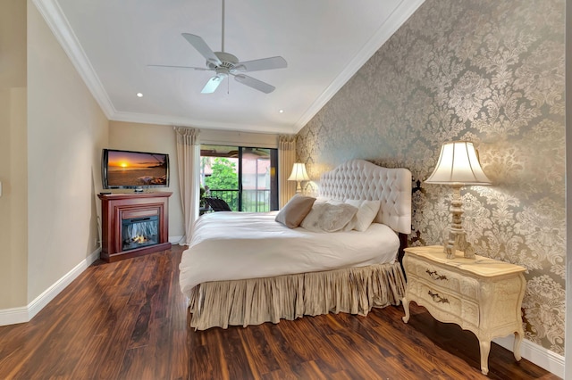 bedroom with ornamental molding, dark hardwood / wood-style floors, ceiling fan, and access to exterior