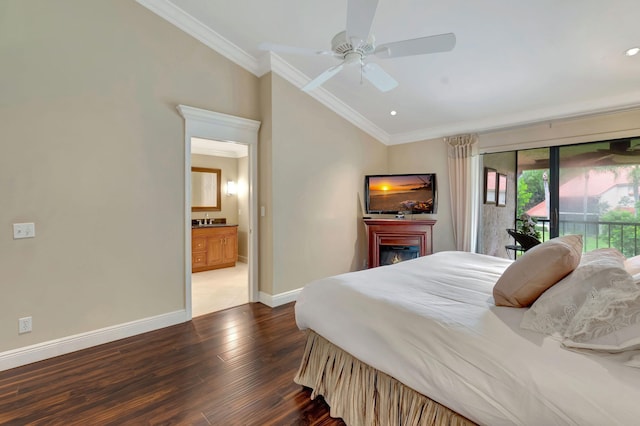 bedroom with ceiling fan, ornamental molding, access to exterior, dark hardwood / wood-style floors, and ensuite bathroom