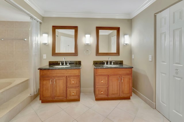 bathroom with crown molding, vanity, shower / tub combo, and tile patterned floors