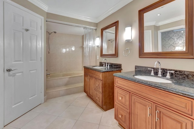 bathroom featuring tile patterned floors, shower / bath combo, vanity, and crown molding