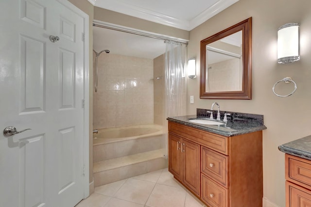 bathroom with ornamental molding, shower / bath combo, vanity, and tile patterned floors