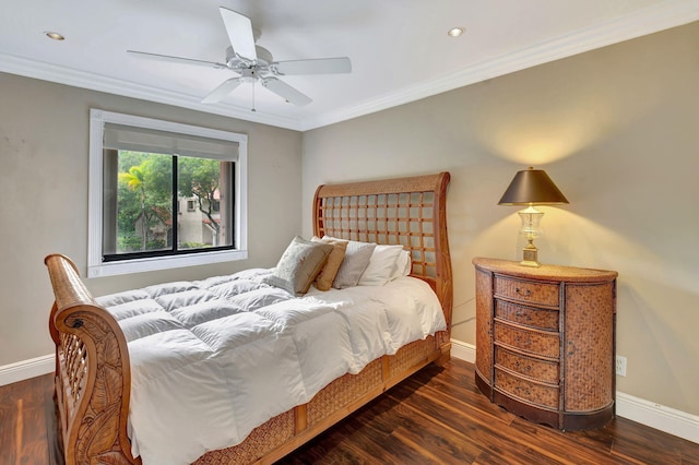 bedroom featuring crown molding, dark hardwood / wood-style floors, and ceiling fan