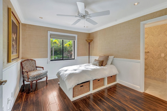 bedroom with ornamental molding, ceiling fan, and dark hardwood / wood-style flooring