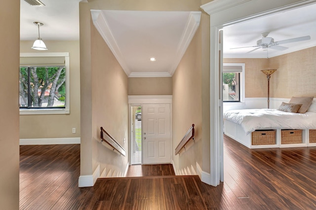 foyer featuring crown molding, dark hardwood / wood-style floors, and ceiling fan