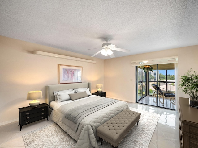 tiled bedroom featuring a textured ceiling, access to exterior, and ceiling fan