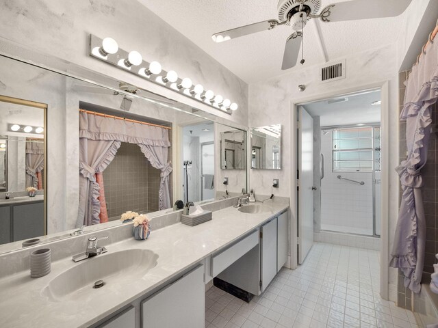 7380 S Oriole Blvd Unit 507N, Delray Beach, FL 33446 - full bath with ceiling fan, a shower with curtain, tile patterned flooring, double vanity, and a textured ceiling