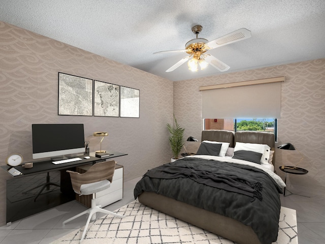 bedroom with ceiling fan, a textured ceiling, and light tile patterned floors