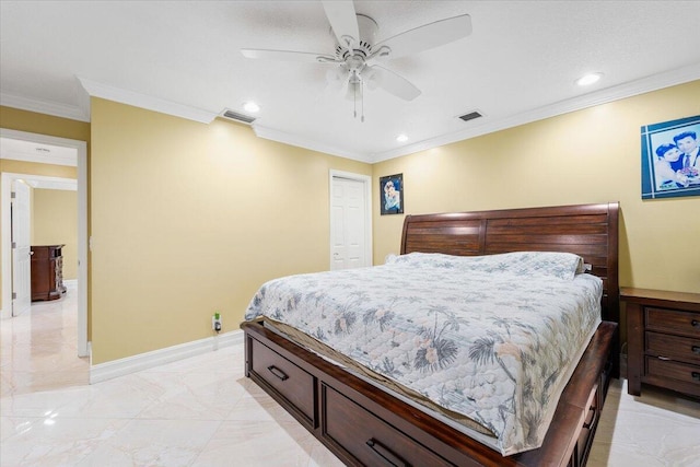 bedroom featuring ornamental molding, ceiling fan, and a closet