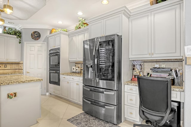 kitchen featuring crown molding, white cabinets, stainless steel refrigerator with ice dispenser, and backsplash