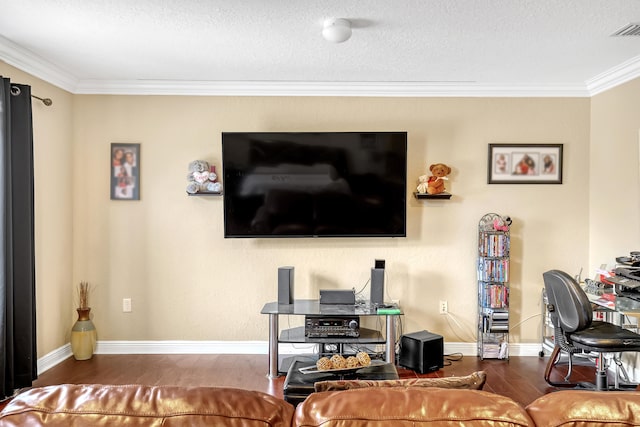 living room with dark wood-type flooring, ornamental molding, and a textured ceiling