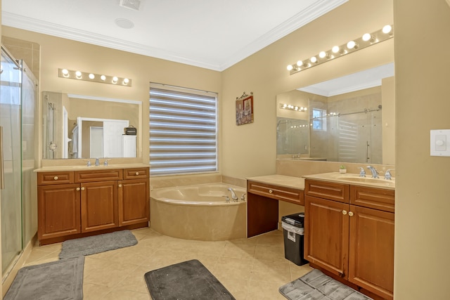 bathroom with vanity, separate shower and tub, crown molding, and tile patterned floors