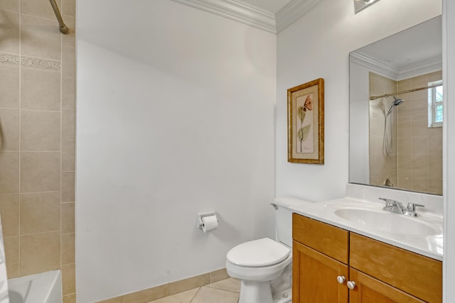 full bathroom featuring vanity, toilet, tile patterned floors, and ornamental molding