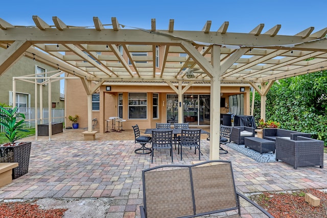 view of patio featuring an outdoor hangout area and a pergola