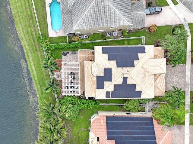 drone / aerial view featuring a water view