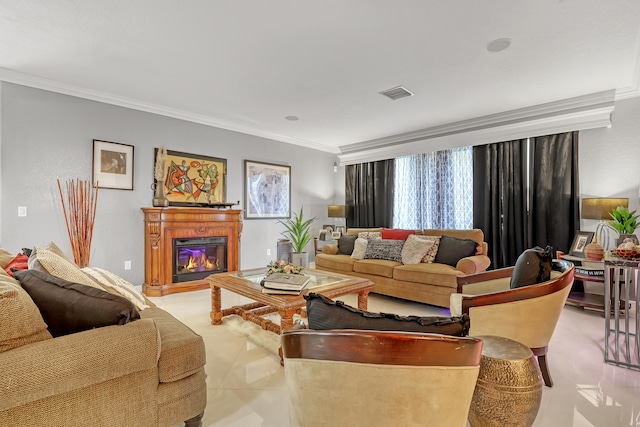 living room featuring crown molding