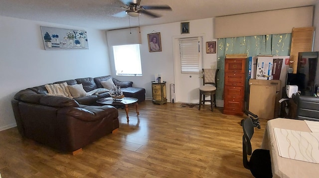 living room with ceiling fan, a textured ceiling, and wood-type flooring